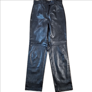 Vintage 90s Jacqueline Ferrar 100% Leather Black Flat Front Straight Leg Pant